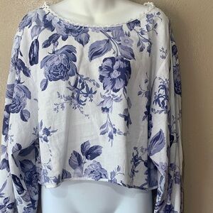 9. Laura Ashley XL White Crop Top Navy Lavender Floral Print Puffy Sleeves NWT